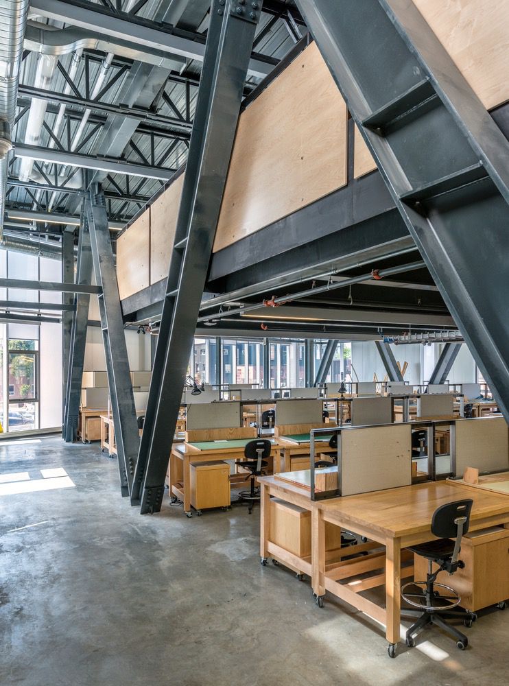 Photograph of the metal truss system in the McEwen School of Architecture