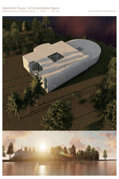 Poster with two exterior renders of a student designed contemplative space