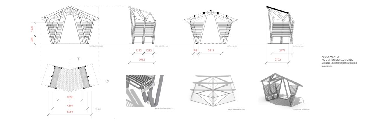 Poster with architectural drawings of a wooden arch