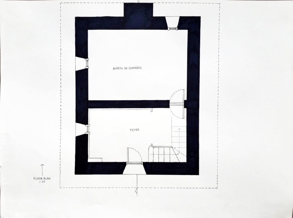 Hand drawn floor plan of a building