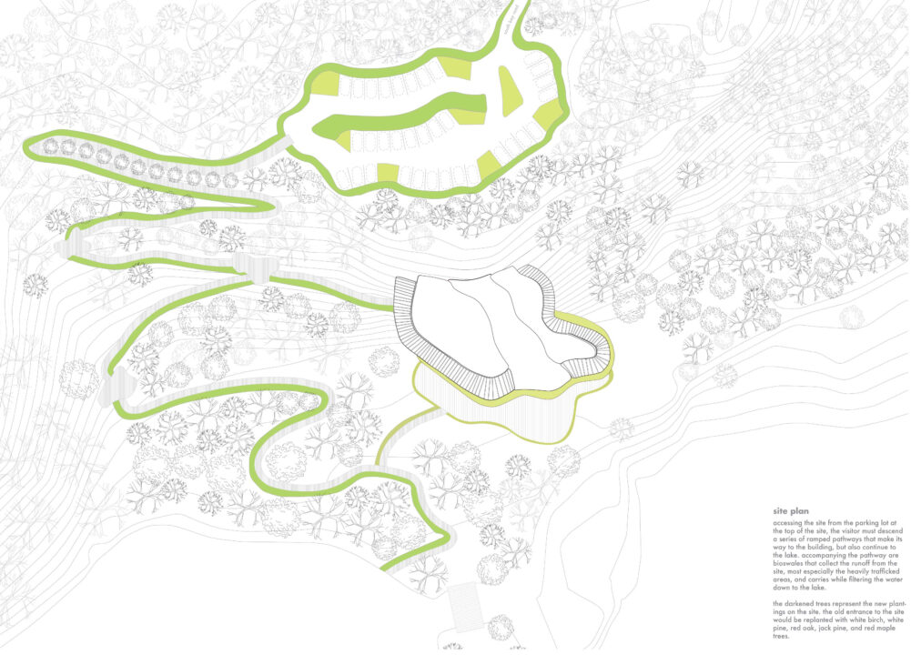 Site plan of a building in the woods on the edge of a lake