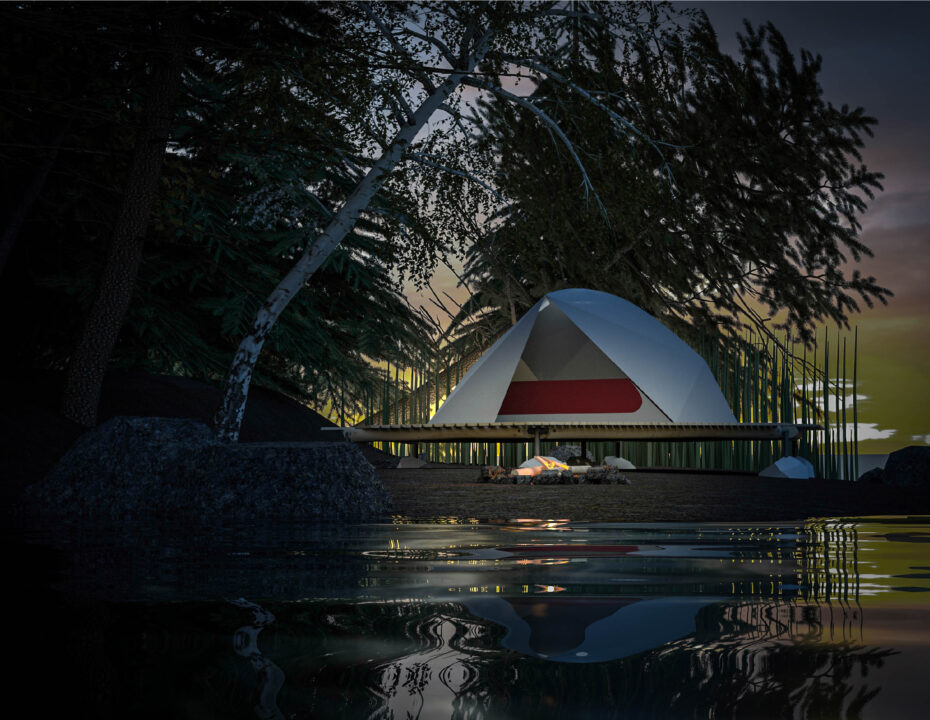 Exterior render of a student designed tent like shelter at sunset