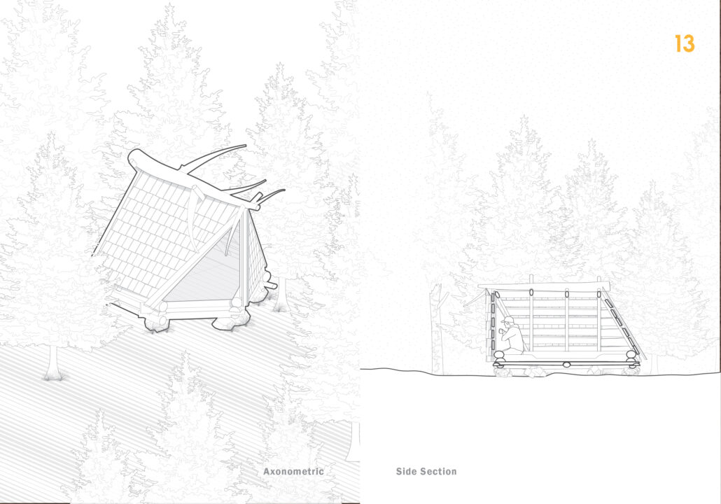 Poster with an axonometric and section of a small wooden shelter in the woods