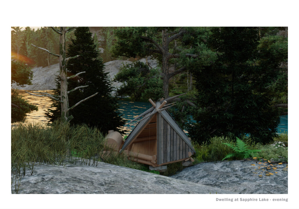 Exterior render of a small wooden shelter in the woods next to a river
