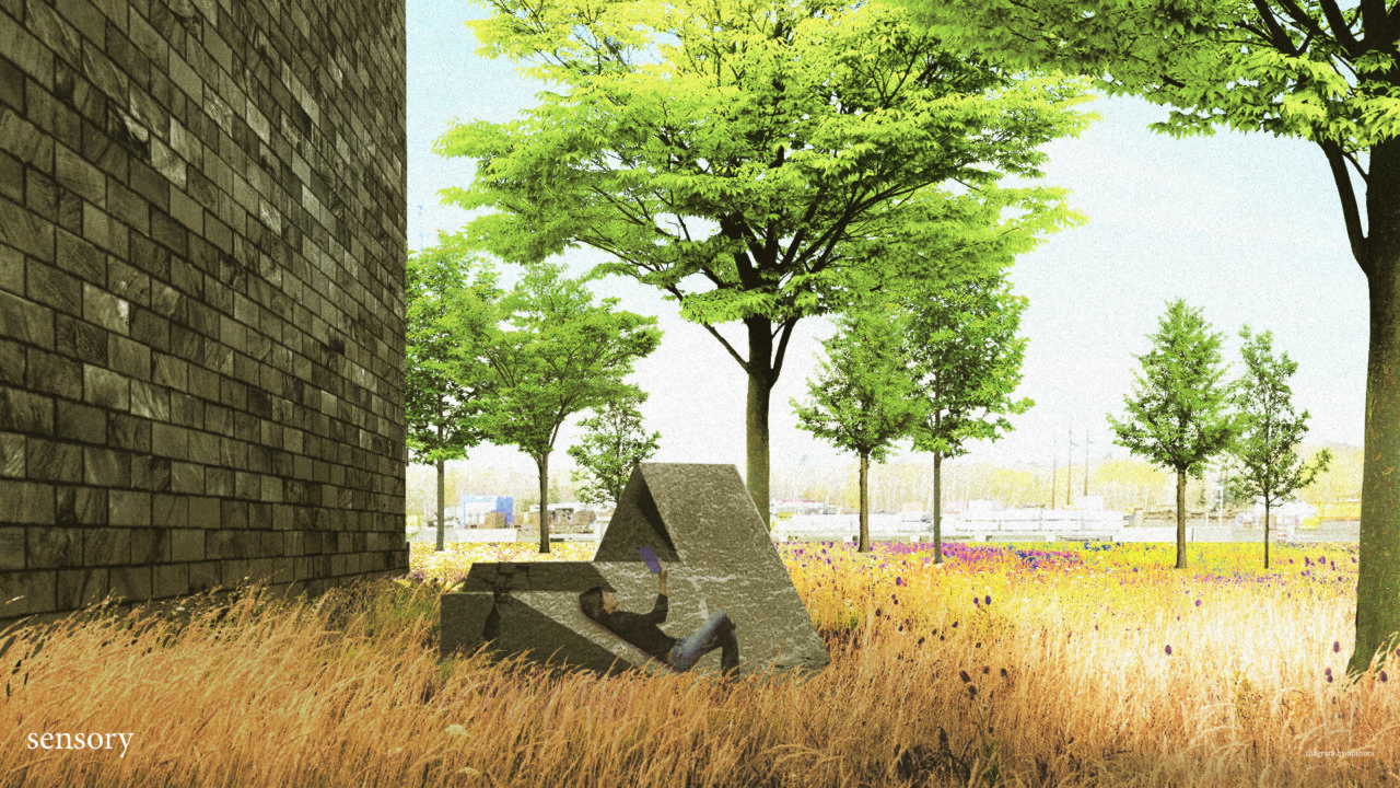 Exterior render of a person laying on a stone bench designed by students