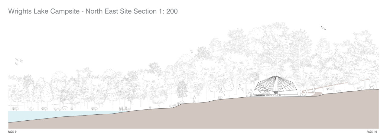 Longitudinal section showing a student designed shelter in the woods next to a body of water