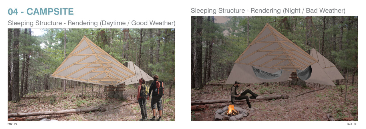 Two exterior renders of a student designed sleeping structure in the woods