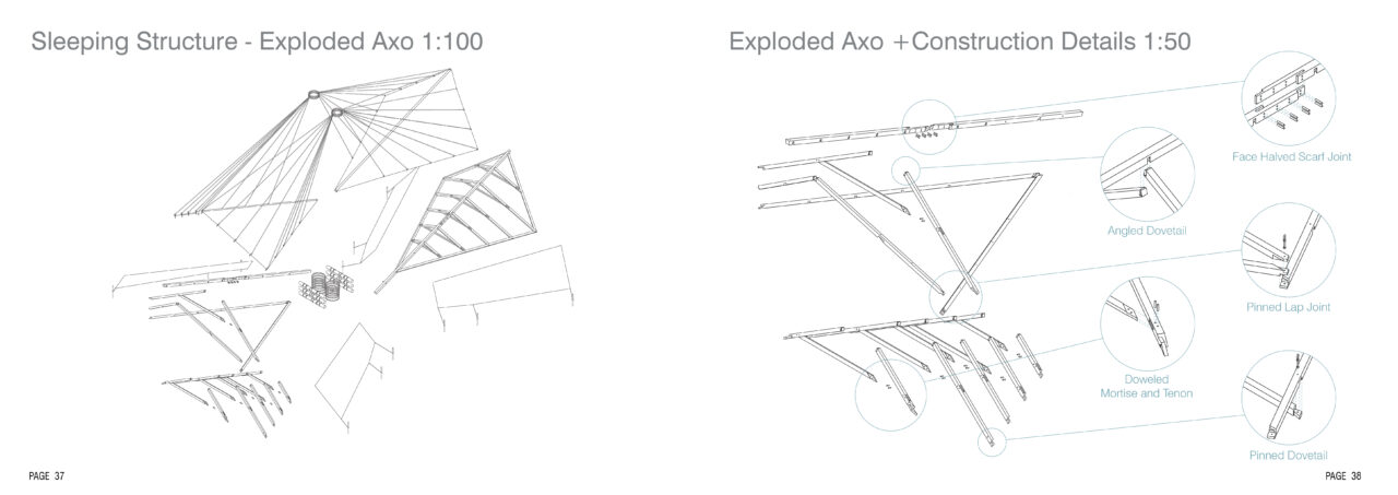 Poster with an exploded axonometric drawing and construction details of a student designed shelter