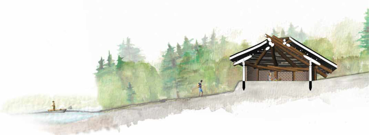 Section drawing through a small wooden shelter with the surrounding forest context in the background