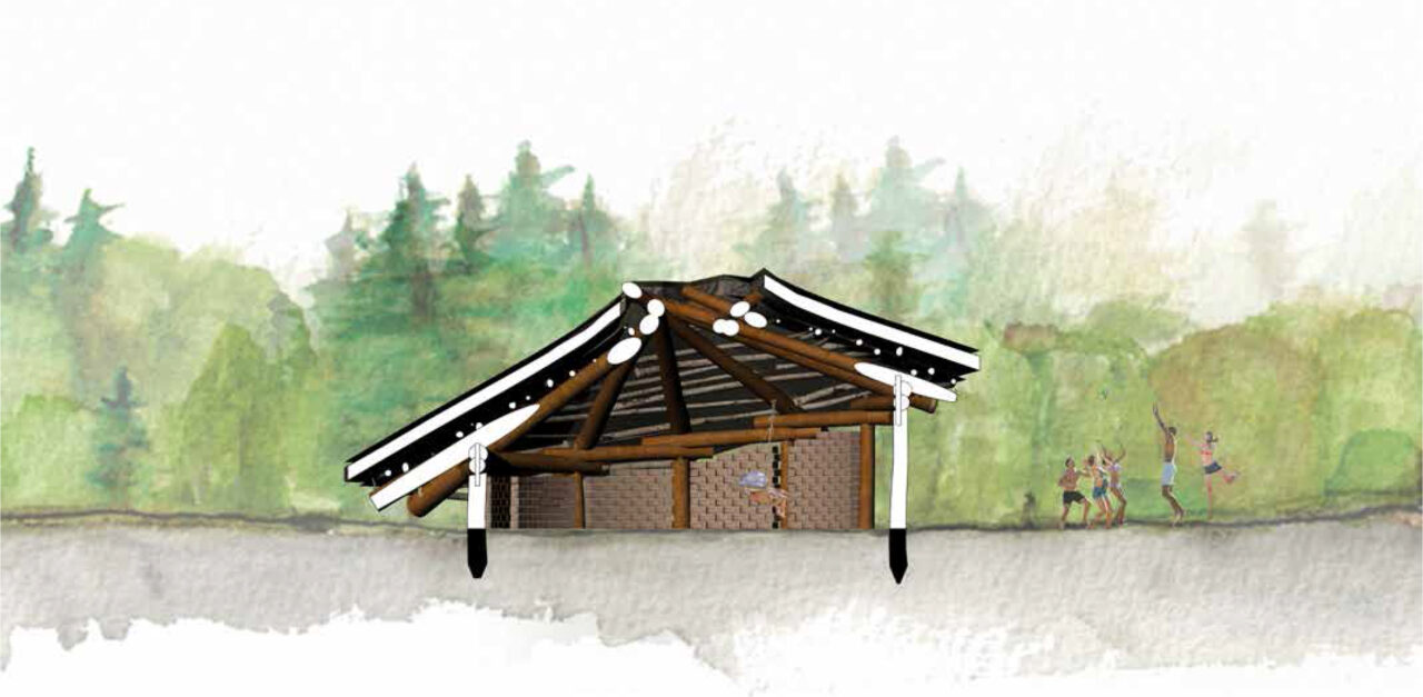 Section drawing of a small wooden shelter with the surrounding forest context in the background