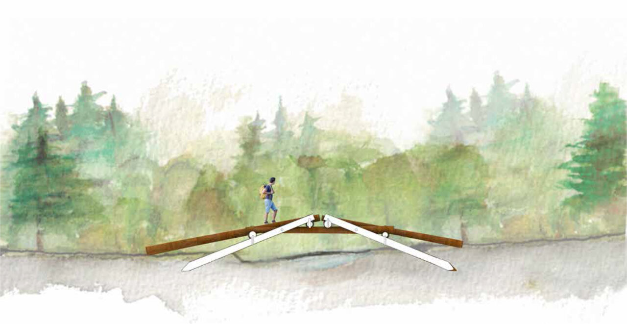 Section of a bridge in the woods with a person walking over