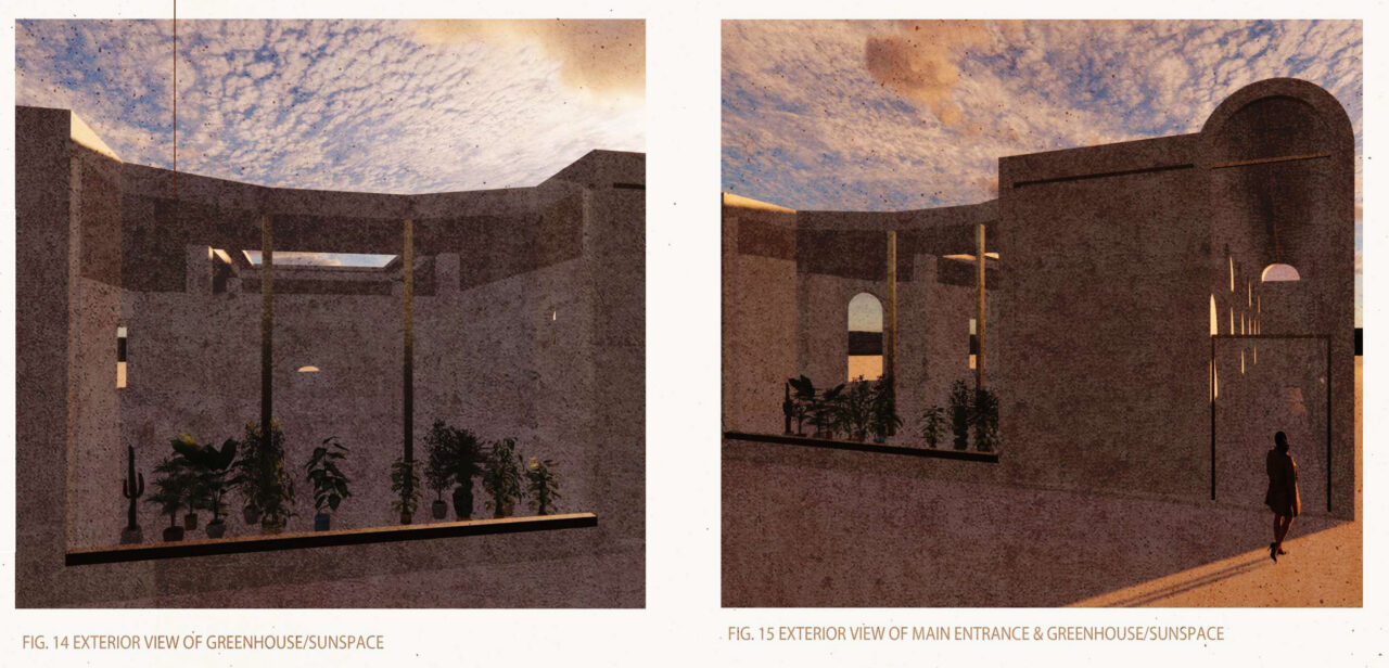 Two exterior renders showing the main entrances to a greenhouse space