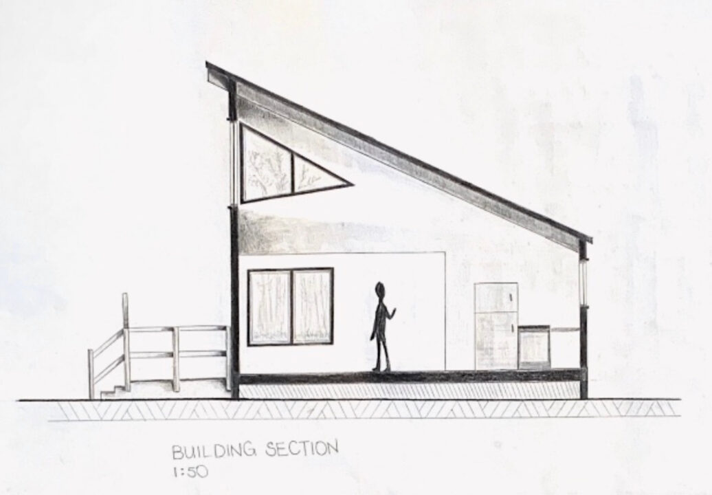 Hand drawn section of a one story building