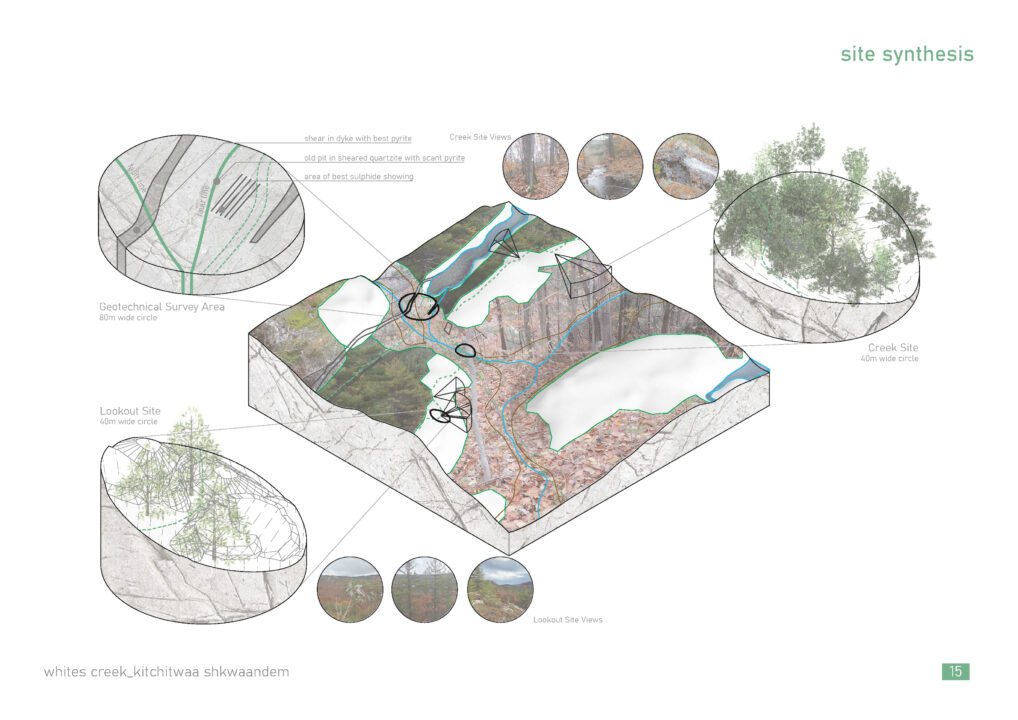 Perspective site plan with diagrams and site analysis