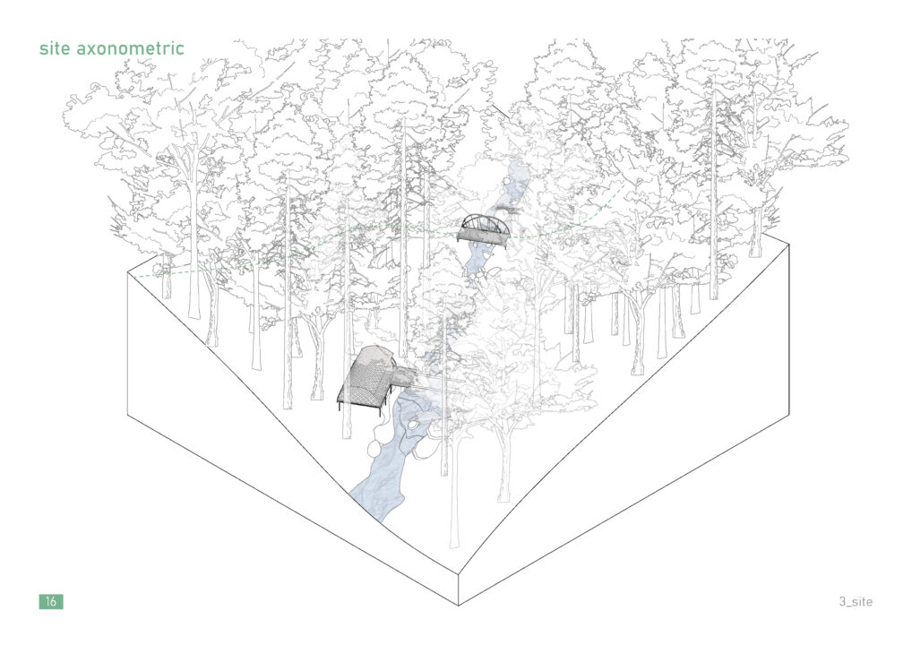 Site axonometric drawing showing a stream flowing through a wooded area
