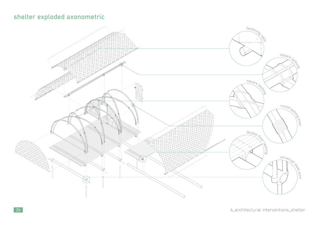 Exploded axonometric of the student designed wooden shelter