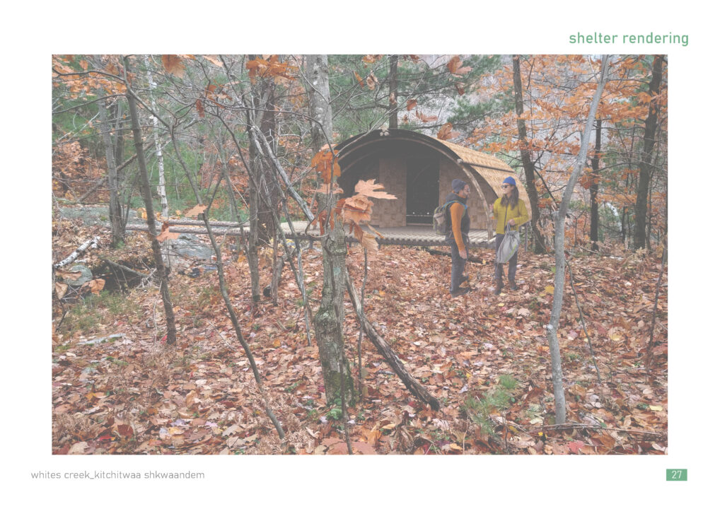Exterior render of two figures standing in the wood outside a student designed shelter