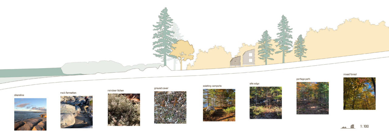 Site section of a student designed wooden shelter in the woods with actual site photographs