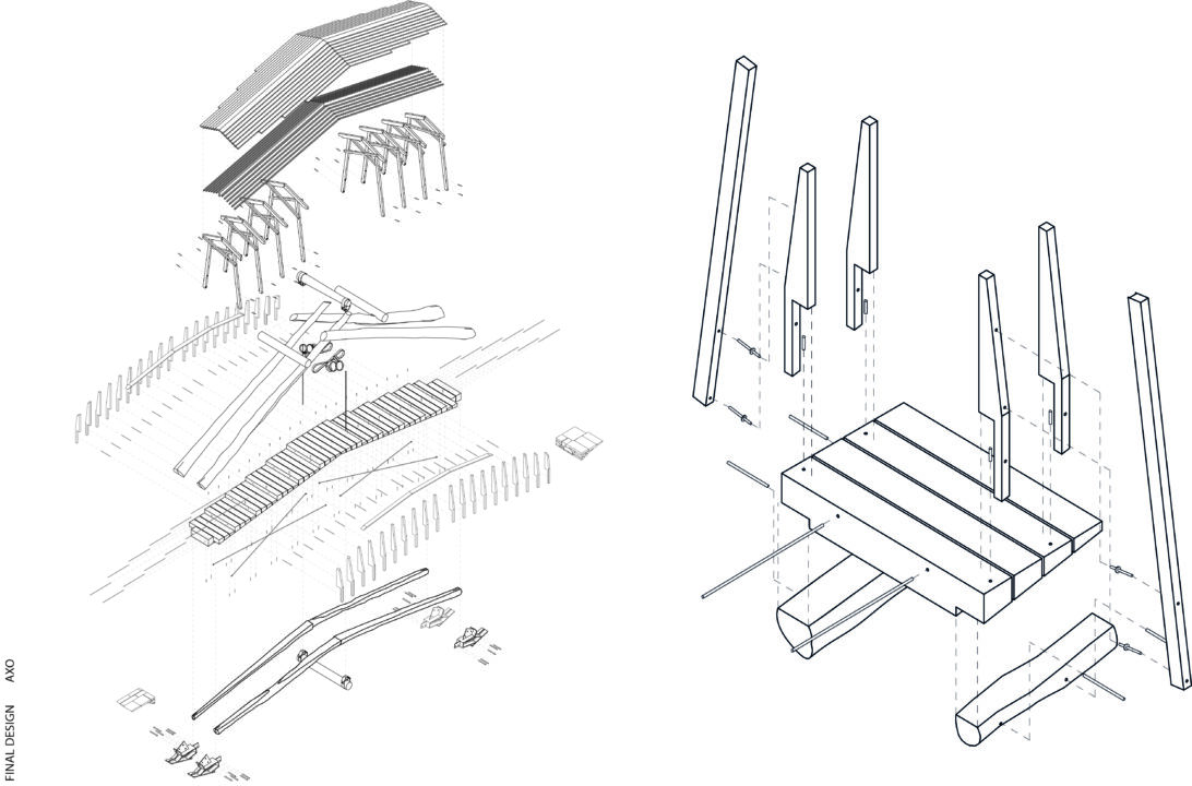 Axonometric construction drawing of a student designed wooden bridge