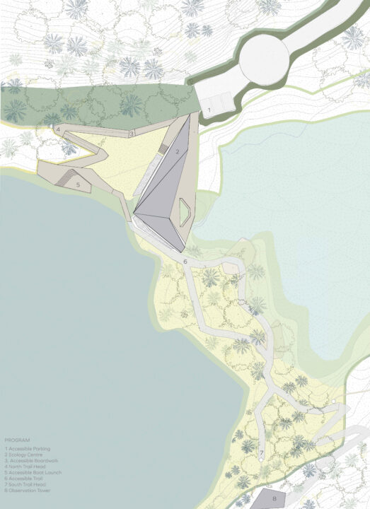 Site plan showing a building and it's surrounding forest context
