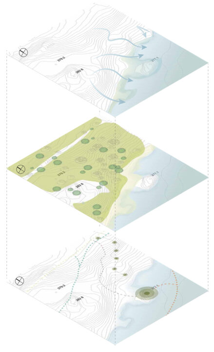 Axonometric site plan with three layers of geographical information