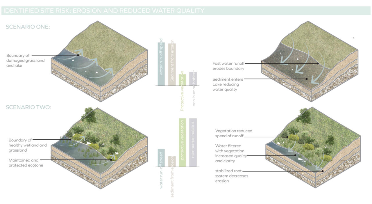 Four perspective site diagrams showing erosion and water quality on a sloped site