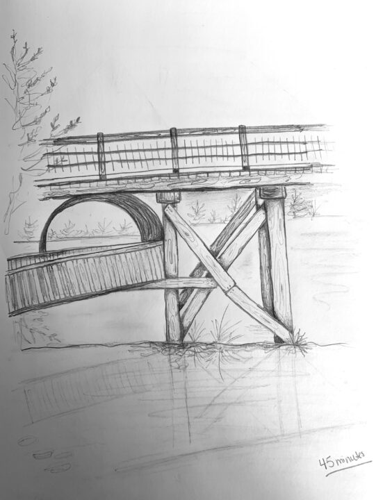 Hand drawn perspective drawing of a bridge over water