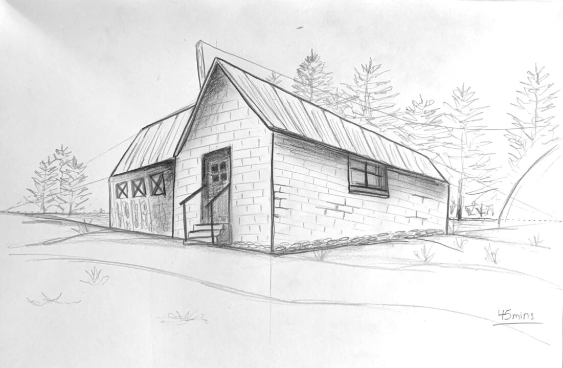 Hand drawn perspective drawing of a house
