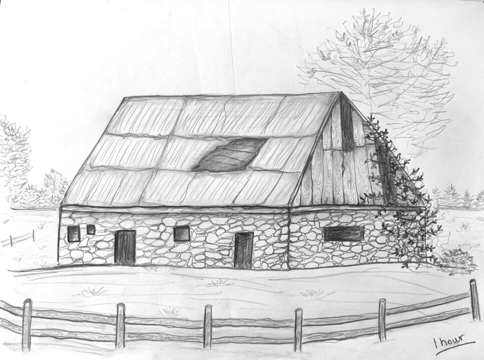 Hand drawn perspective drawing of an abandoned building