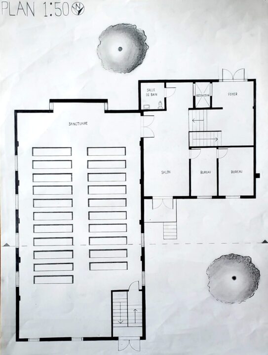 Hand drawn first floor plan of a building