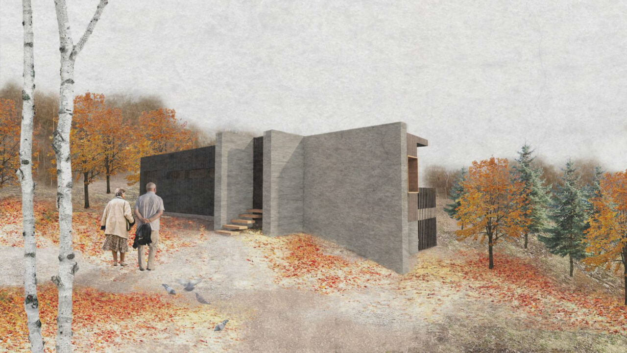 Exterior render of a building in the forest, with an elderly couple walking in front
