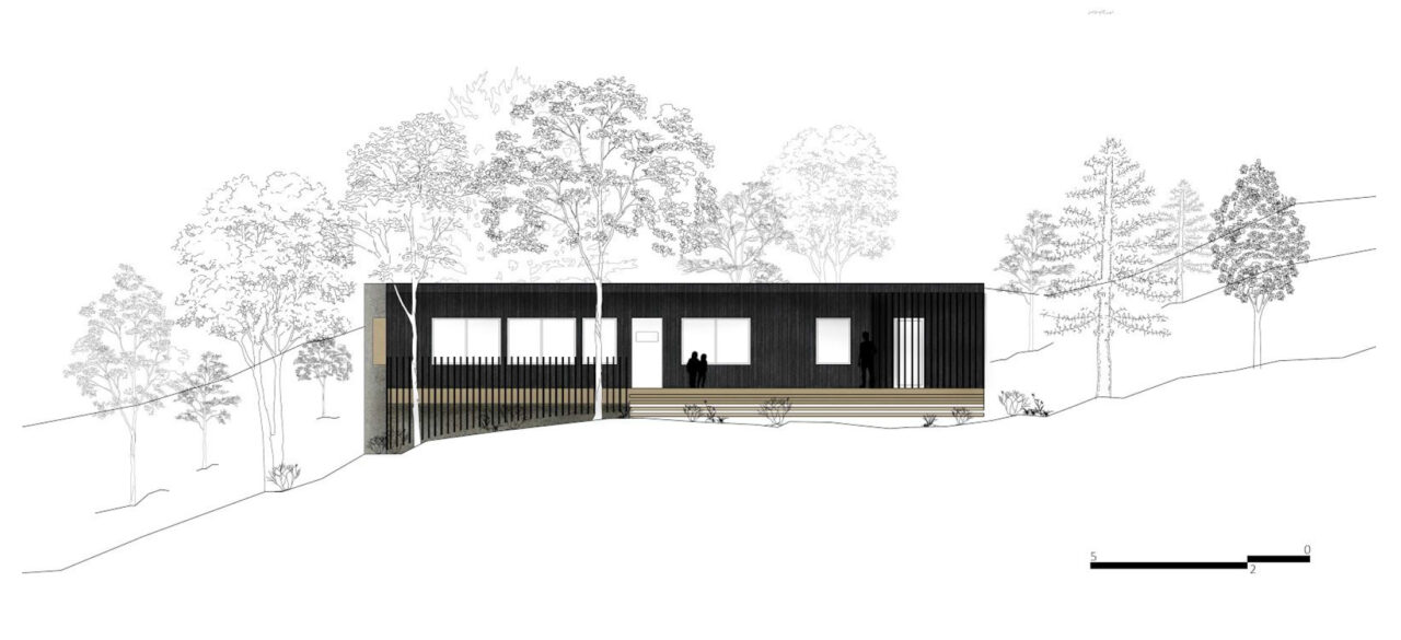Elevation of a one story home in the woods with a couple standing outside