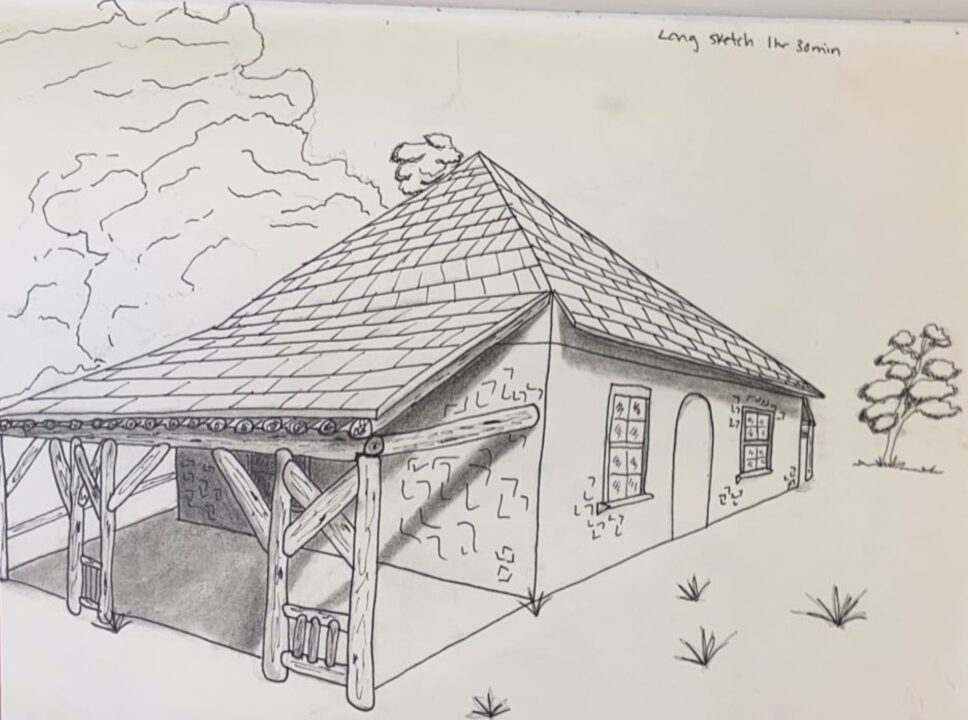 Hand drawn perspective drawing of a building