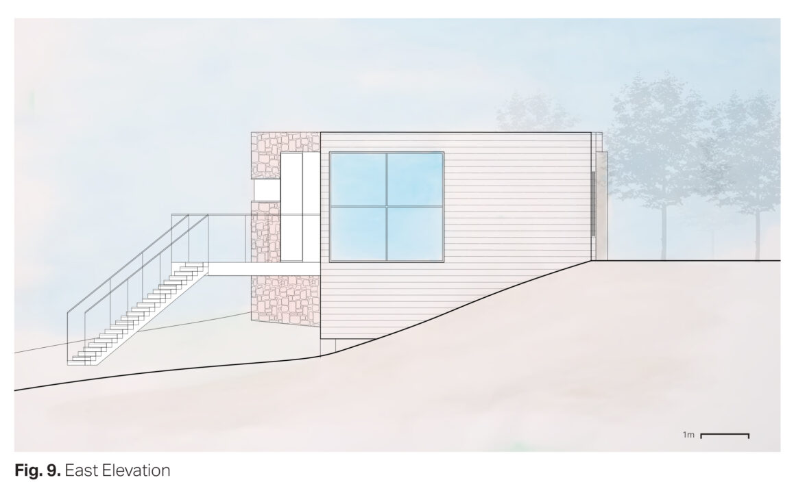 Elevation of a one storey building in the woods