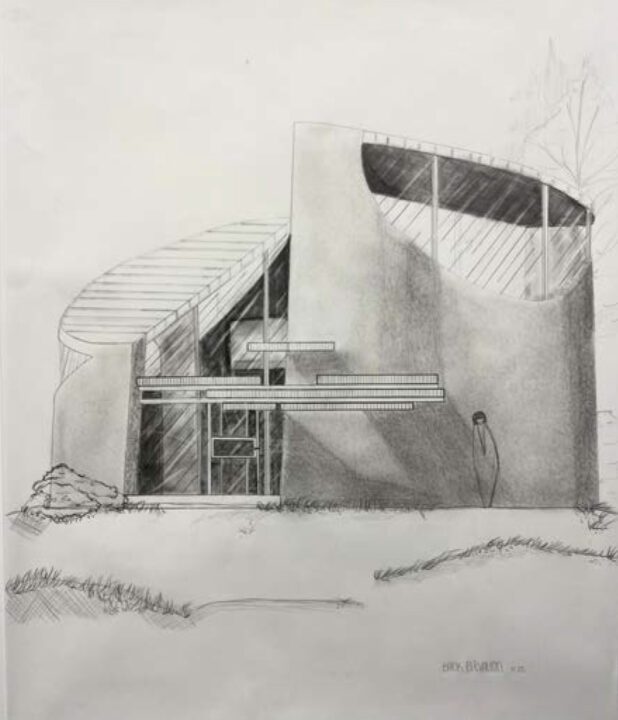 Hand drawn elevation of a student designed building