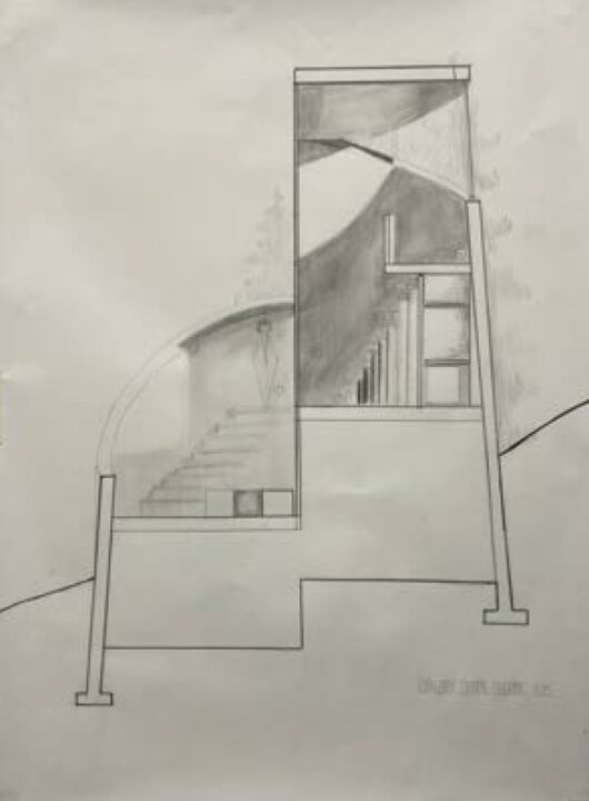 Hand drawn section of a student designed building