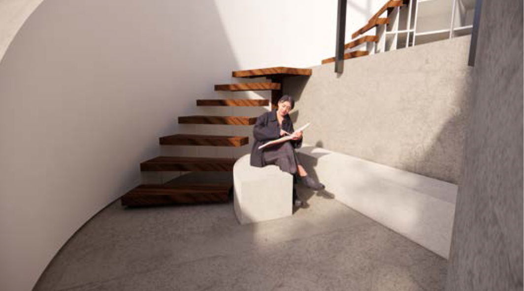 Interior render of a person drawing at the bottom of a wooden staircase