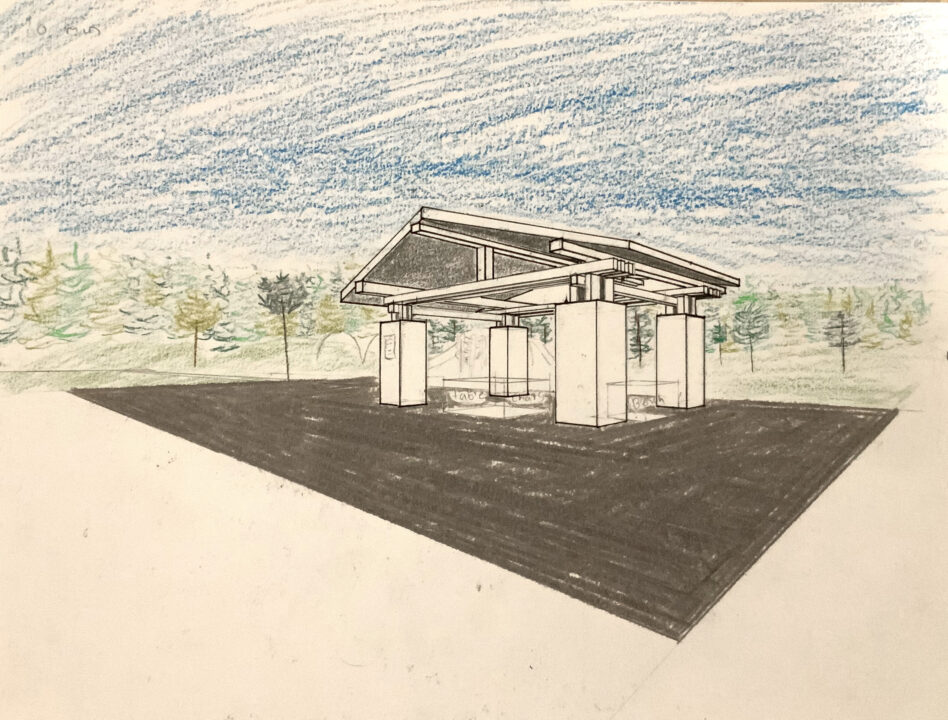 Hand drawn perspective drawing of a bus depot