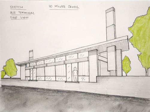 Hand drawn perspective drawing of a bus terminal