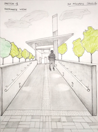 Hand drawn perspective drawing of a figure walking up a ramp to a building