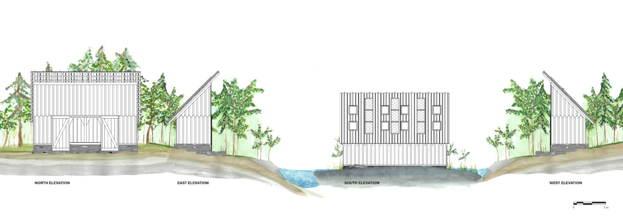 Poster with elevations of a student designed wooden shelter in the woods next to a body of water