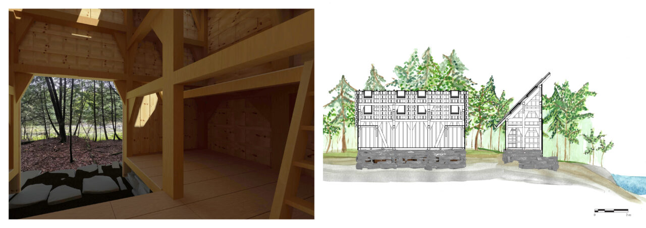 Poster with an interior render and sections of a student designed wooden shelter