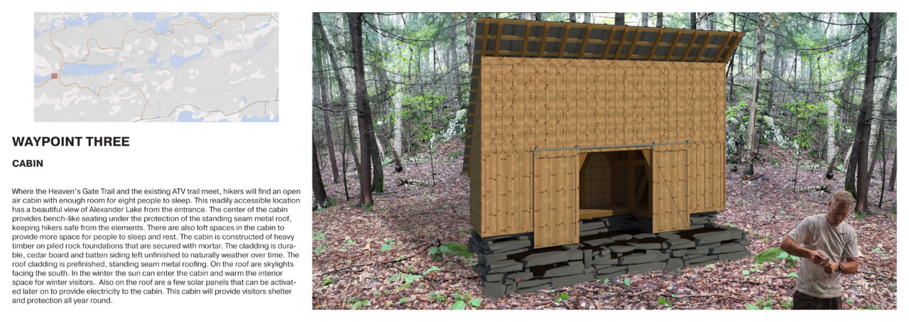 Poster with text and an exterior render of a student designed wooden shelter in the woods