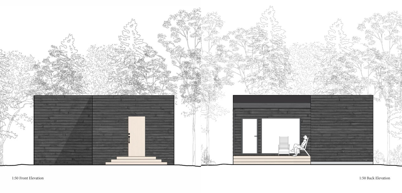 Two elevations showing a one storey house in the woods with figures outside