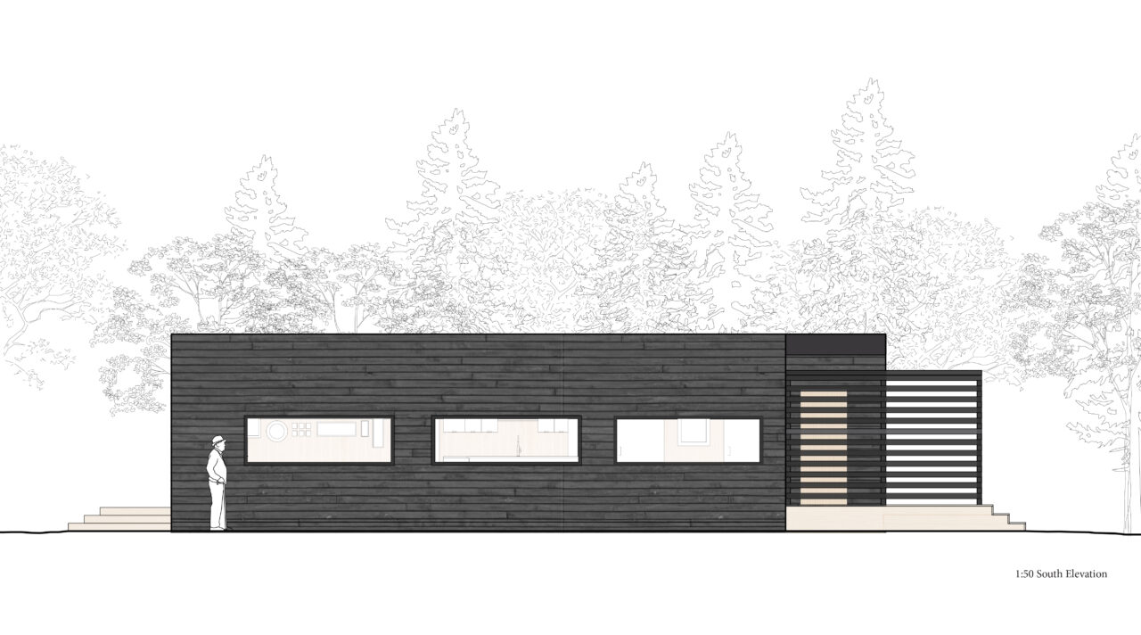 Elevation of a one storey house in the woods with a man outside
