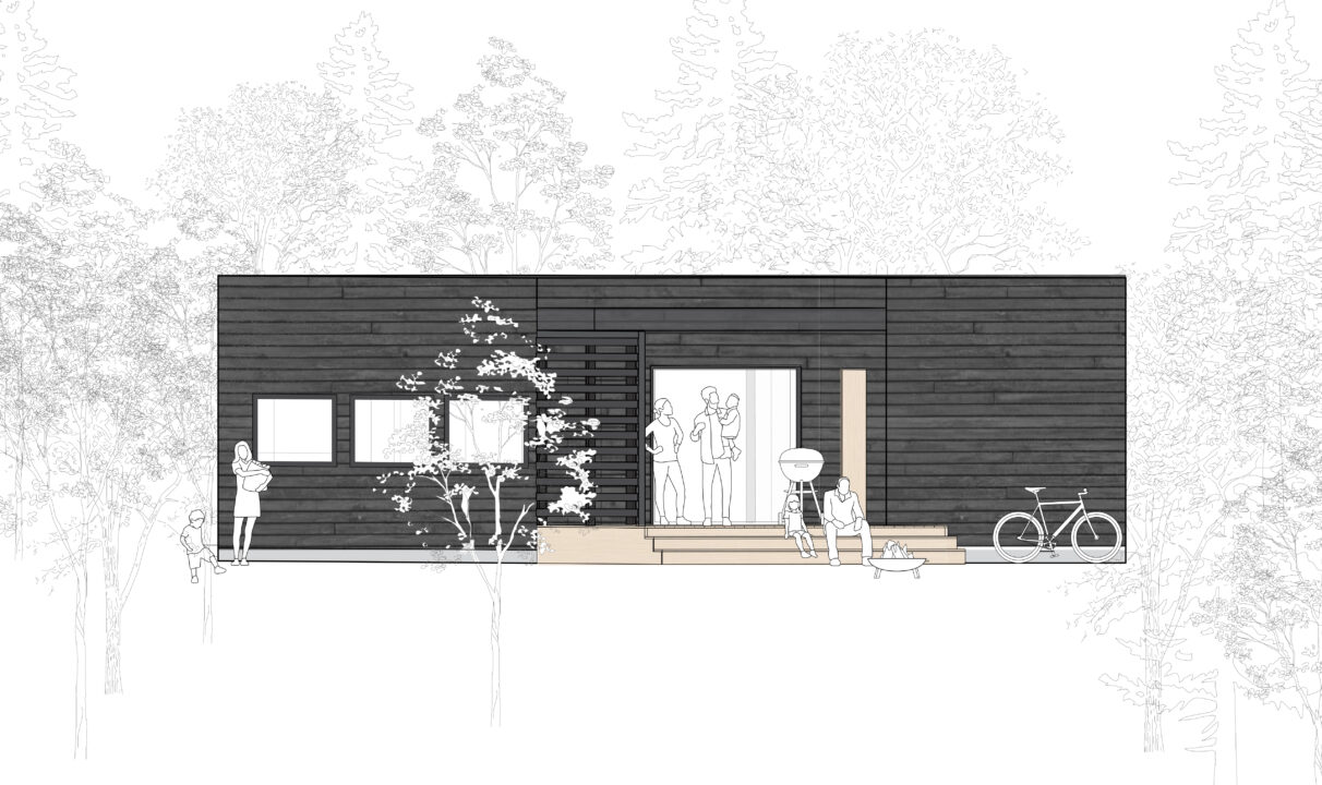 Elevation of a one storey house in the woods with a family outside on the front steps