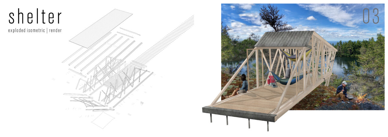 Poster with an exterior render of a wooden bridge over a body of water and an axonometric diagram