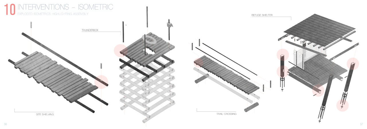 Isometric drawings showing the construction of a student designed wooden shelter
