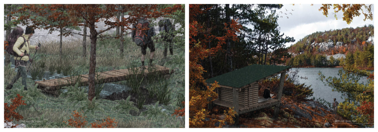 Two exterior renders, one showing a student designed bridge and the other showing student designed shelter in the woods