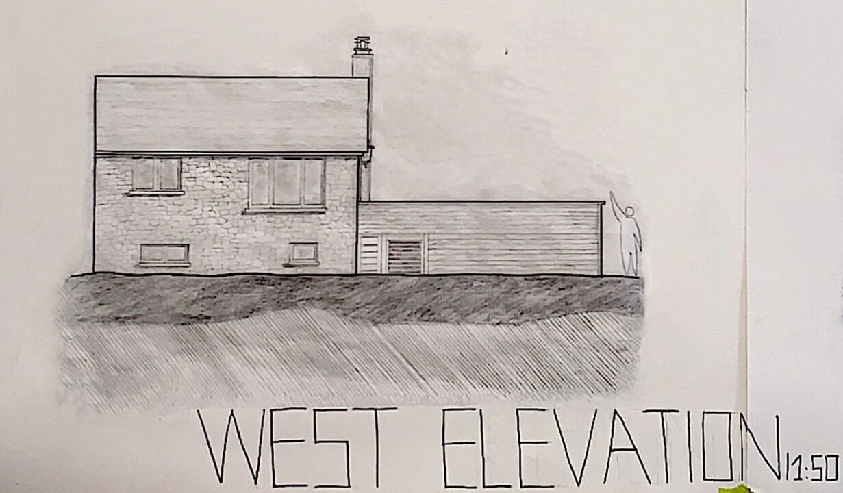 Hand drawn west elevation of a building